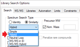 NIST hybrid search option in Library Search Options dialog box