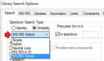 NIST MS/MS hybrid search option in Library Search Options dialog box