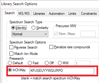 selecting InChIKey presearch option