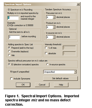 Text Box:  
Figure 26.  Spectral Import Options.  Imported spectra integer m/z and no mass defect correction.
