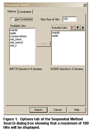 Text Box:  
Figure 32.  Options tab of the Sequential Method Search dialog box showing that a maximum of 100 Hits will be displayed.
