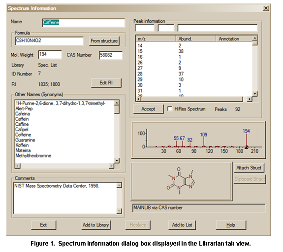 Text Box:  
Figure 42.  Spectrum Information dialog box displayed in the Librarian tab view.
