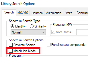 NIST match ion mode option