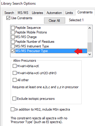 NIST MS/MS precursor type constraint